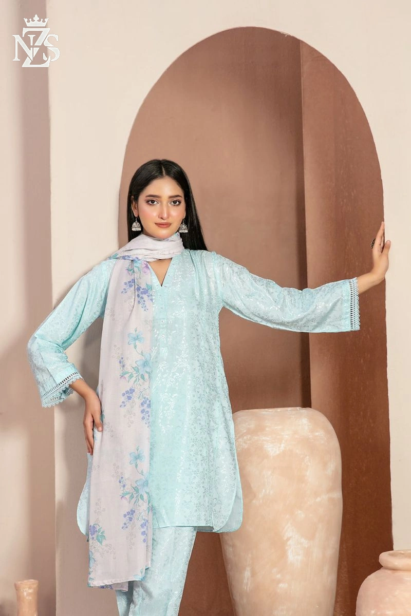 NZS LUXE Jacquard Viscose 3-Piece Stitched Suit in Aqua - image 3