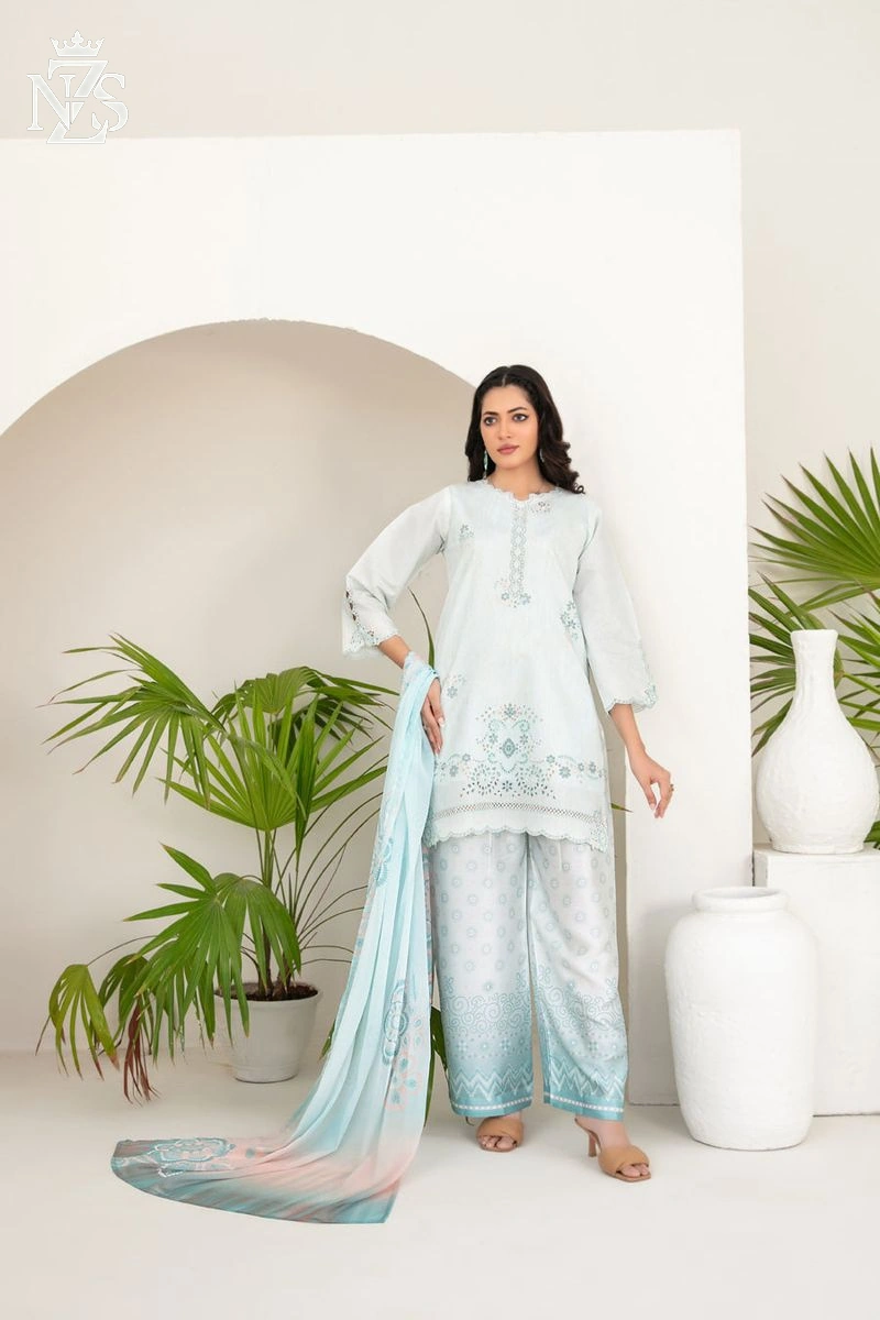 NZS LUXE Embroidered Cotton Khaddi 3-Piece Stitched Suit in White - image 1