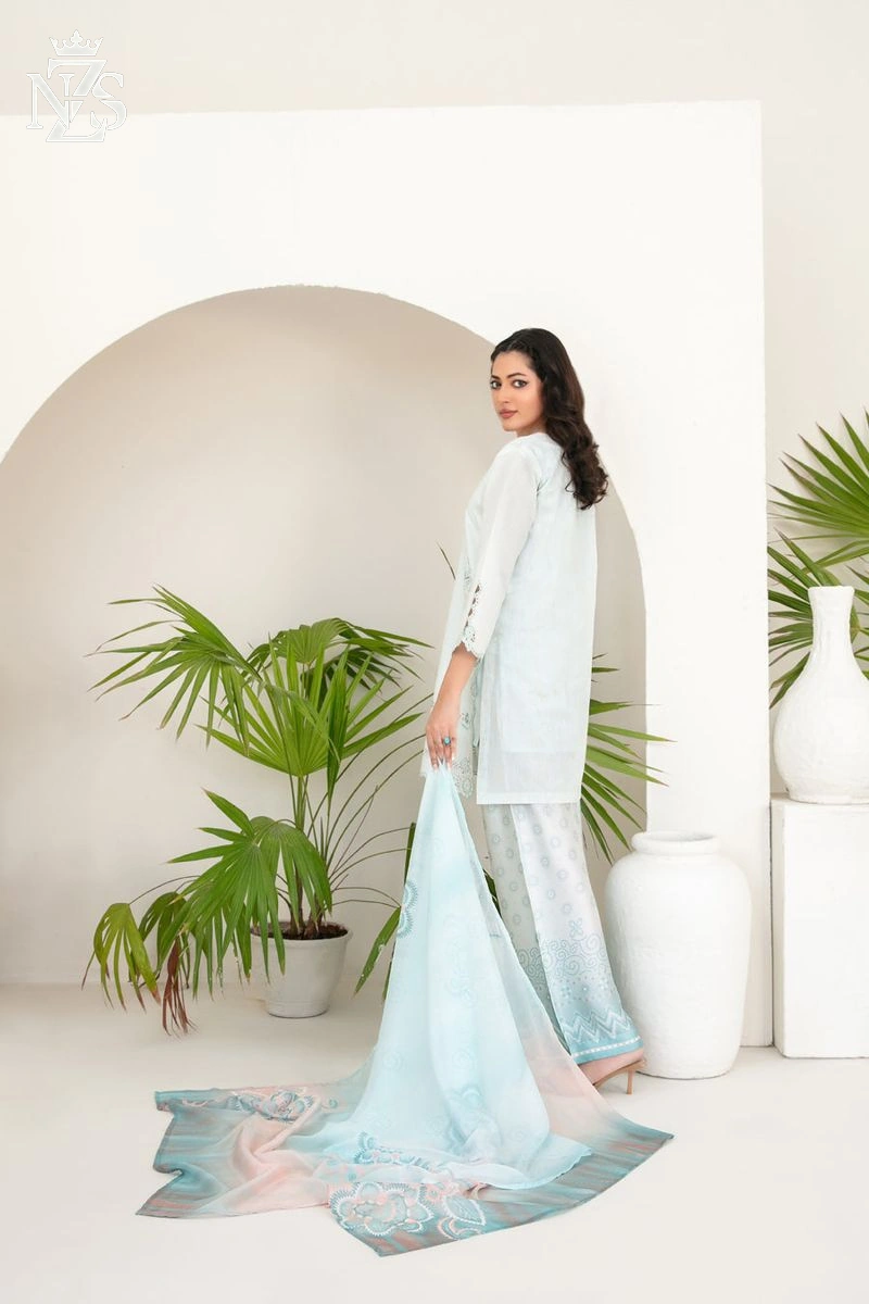 NZS LUXE Embroidered Cotton Khaddi 3-Piece Stitched Suit in White - image 2