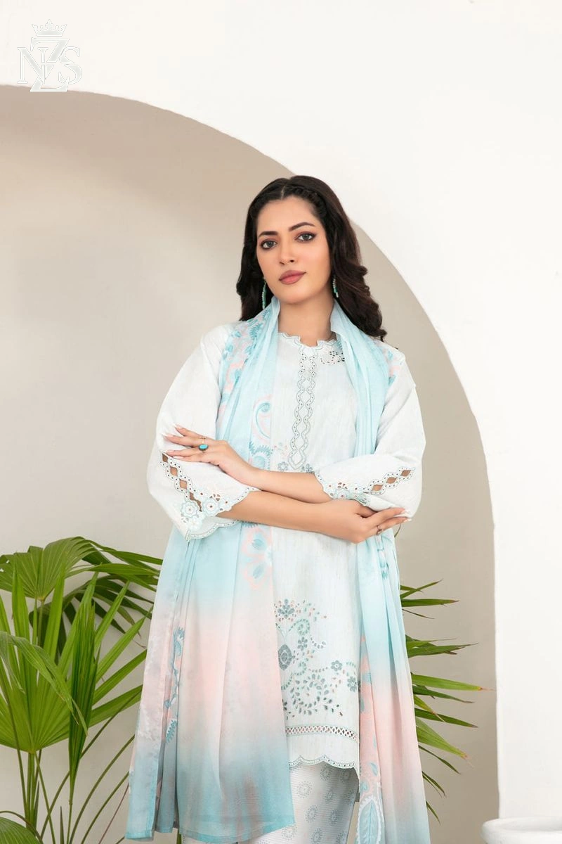 NZS LUXE Embroidered Cotton Khaddi 3-Piece Stitched Suit in White - image 3