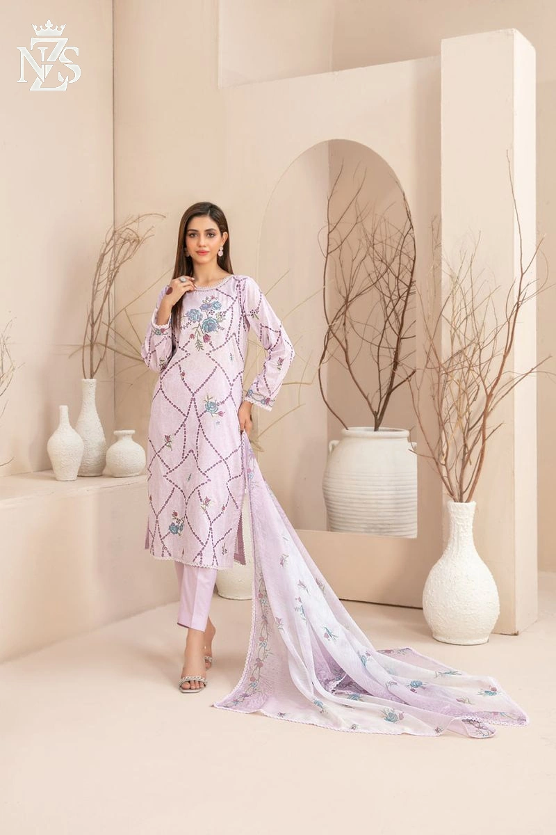 NZS LUXE Embroidered Lawn 3-Piece Stitched Suit in Lilac and white - image 1
