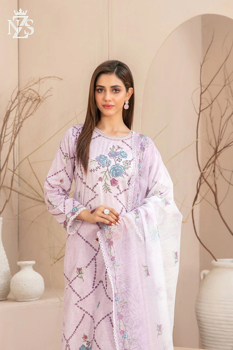NZS LUXE Embroidered Lawn 3-Piece Stitched Suit in Lilac and white - image 2
