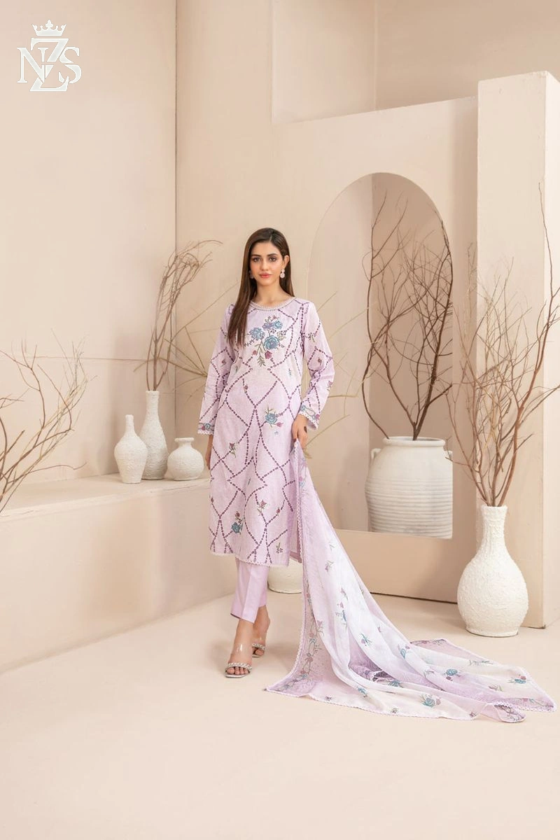 NZS LUXE Embroidered Lawn 3-Piece Stitched Suit in Lilac and white - image 3