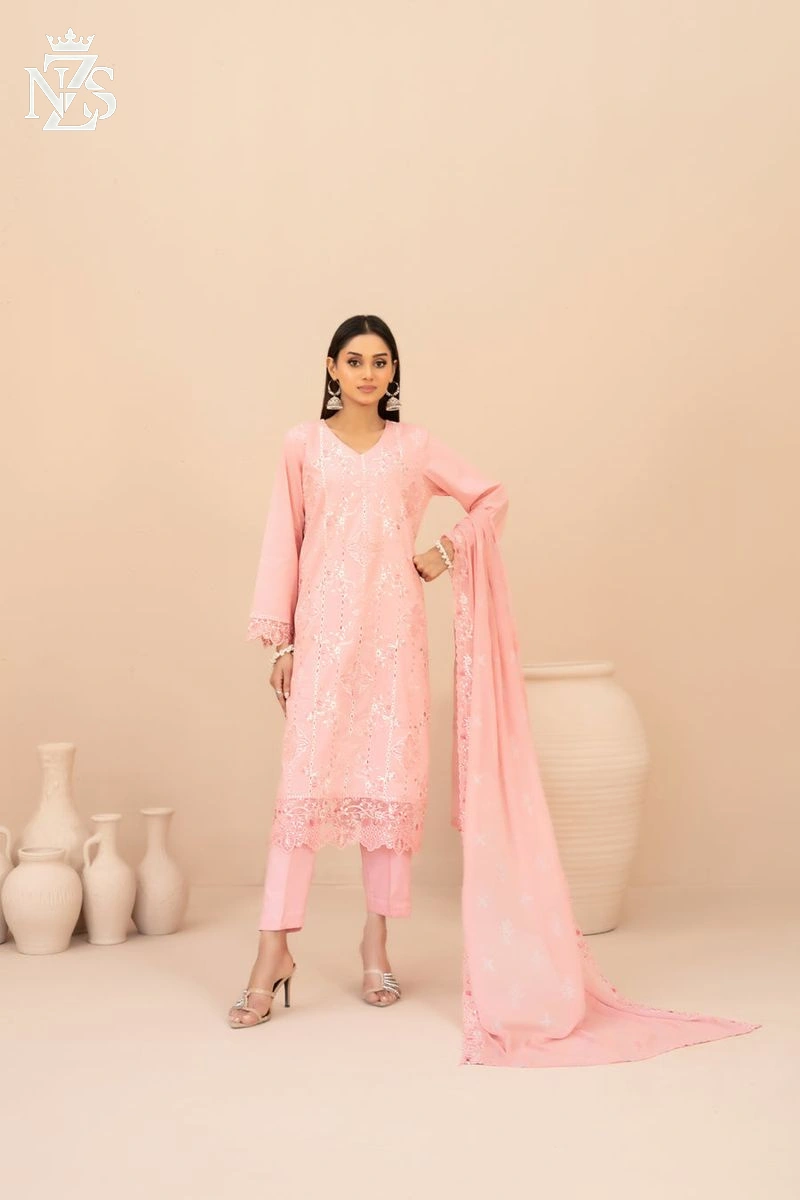 NZS LUXE Embroidered Lawn 3-Piece Stitched Suit in Peach - image 1