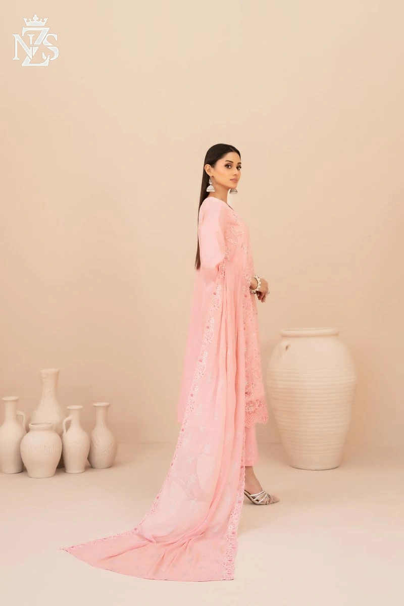 NZS LUXE Embroidered Lawn 3-Piece Stitched Suit in Peach - image 2