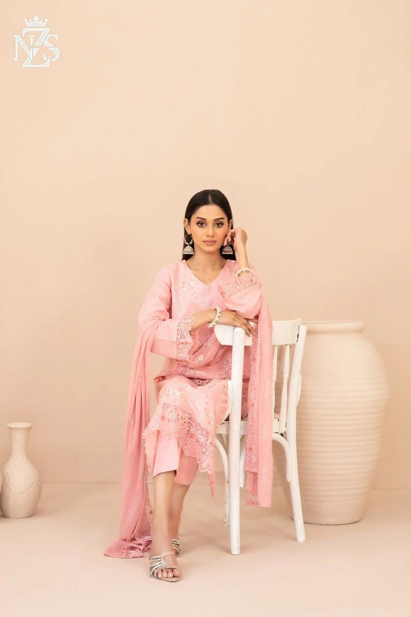 NZS LUXE Embroidered Lawn 3-Piece Stitched Suit in Peach - image 3