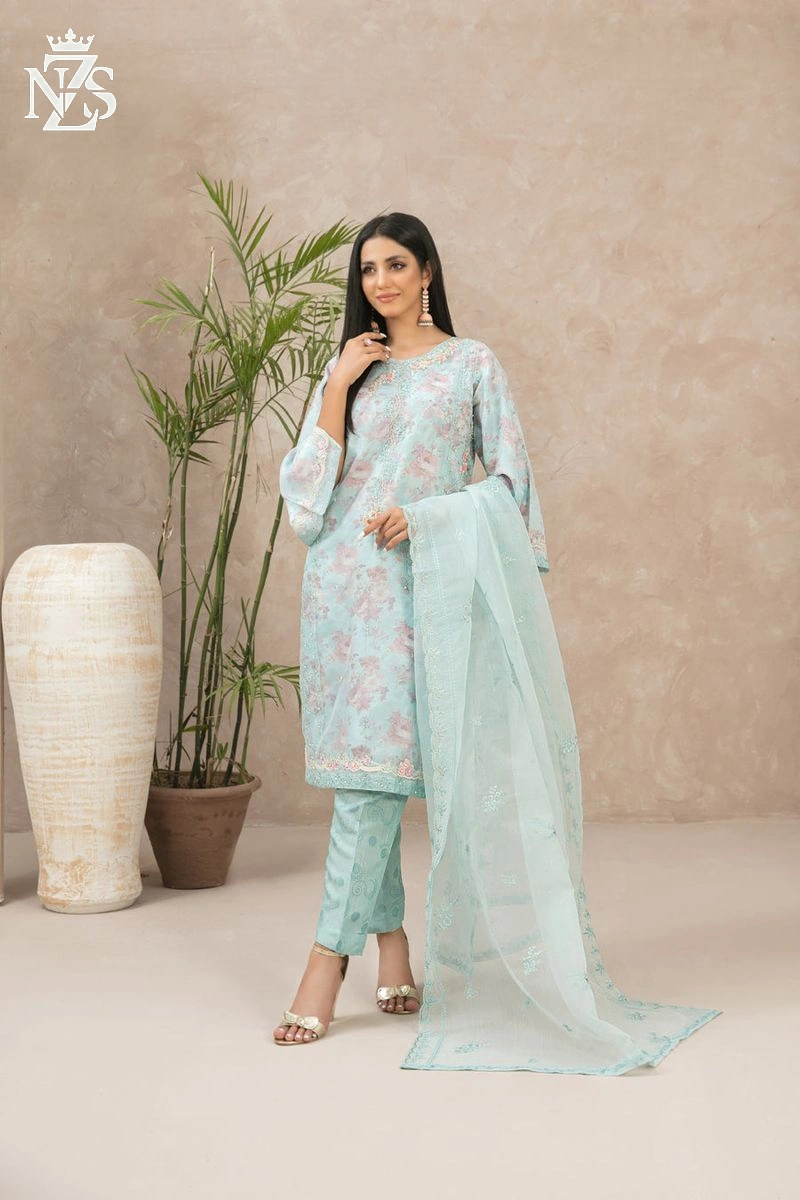NZS LUXE Embroidered Organza 3-Piece Stitched Suit in Mint - image 1