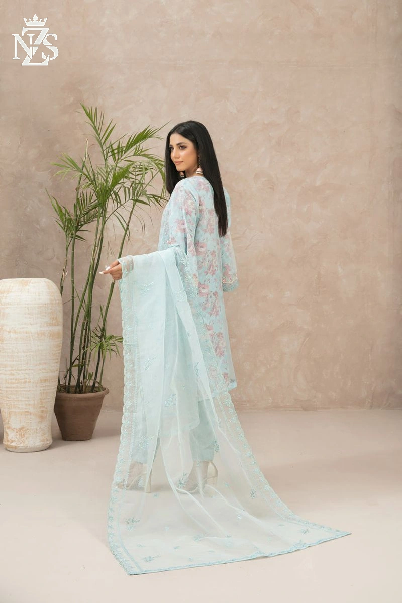 NZS LUXE Embroidered Organza 3-Piece Stitched Suit in Mint - image 2