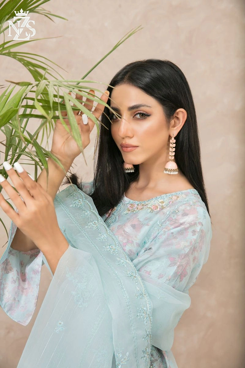NZS LUXE Embroidered Organza 3-Piece Stitched Suit in Mint - image 3