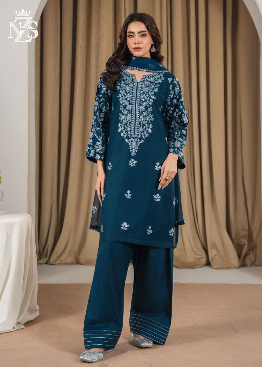 NZS LUXE Embroidered Lawn Kurta 3-Piece Stitched Suit in Deep teal - image 1