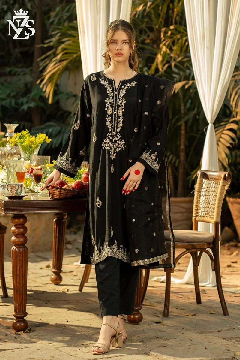 NZS LUXE Embroidered Raw Silk 3-Piece Stitched Suit in Black - image 1