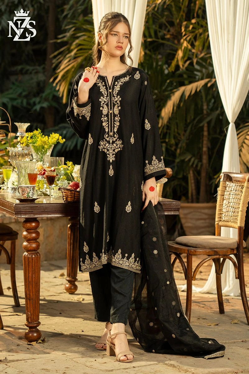 NZS LUXE Embroidered Raw Silk 3-Piece Stitched Suit in Black - image 2