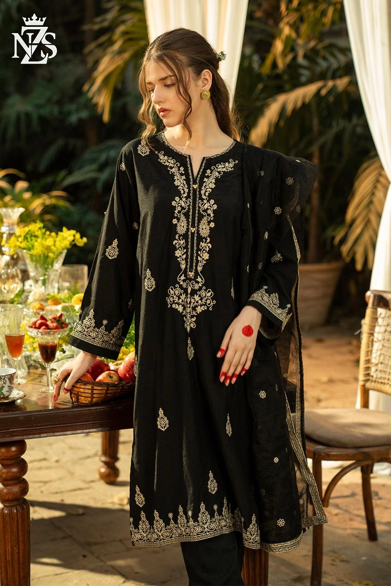 NZS LUXE Embroidered Raw Silk 3-Piece Stitched Suit in Black - image 3