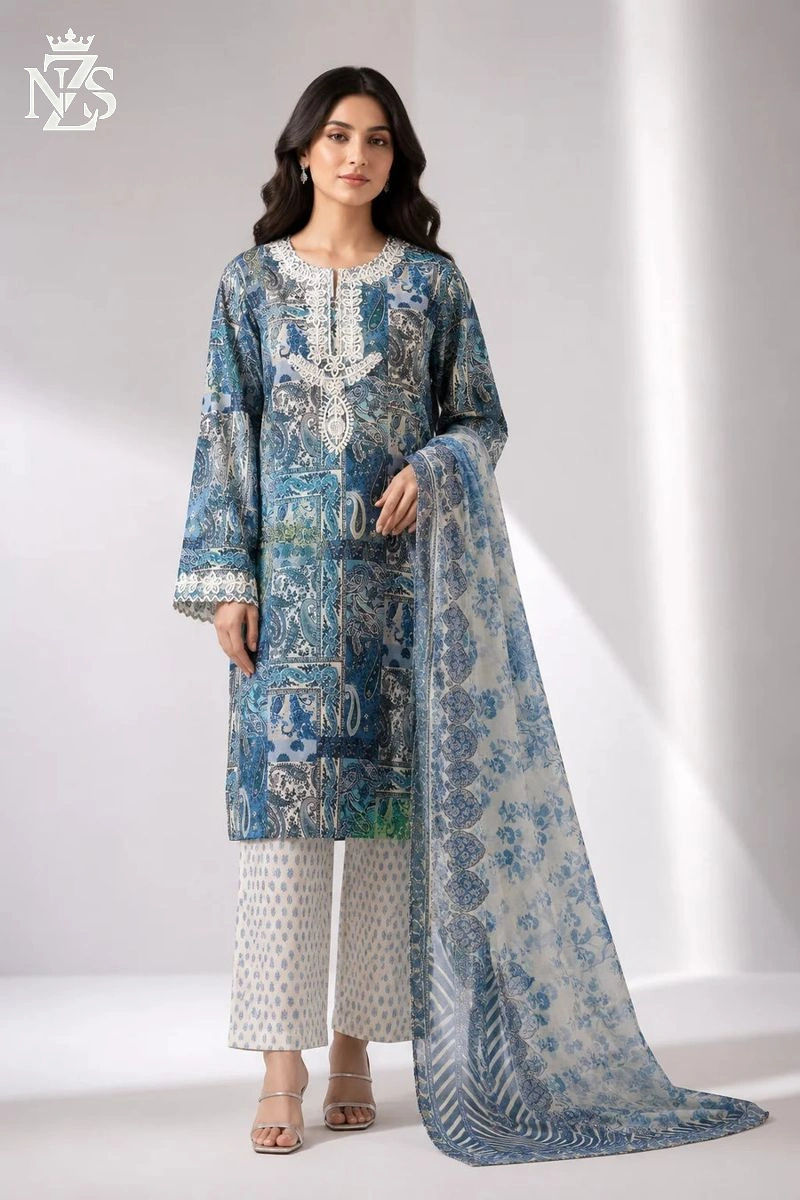 NZS LUXE Embroidered Cambric 3-Piece Stitched Suit in Blue and ivory - image 1