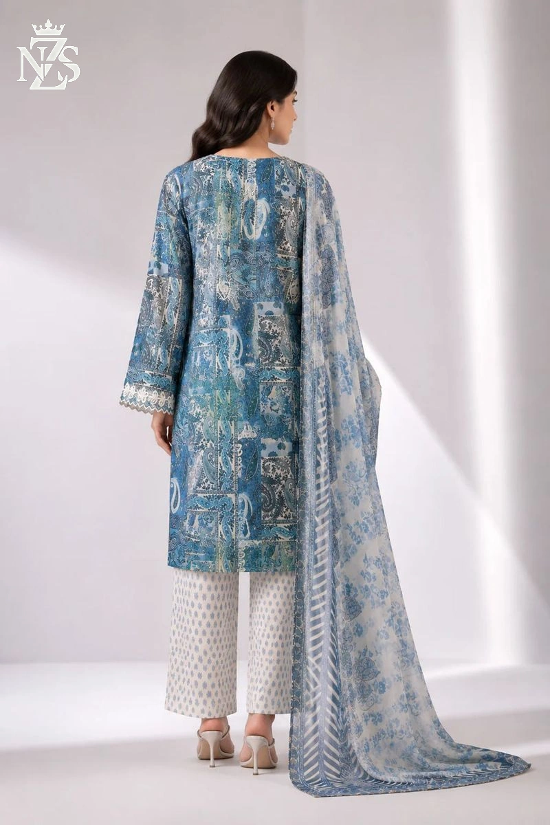 NZS LUXE Embroidered Cambric 3-Piece Stitched Suit in Blue and ivory - image 2