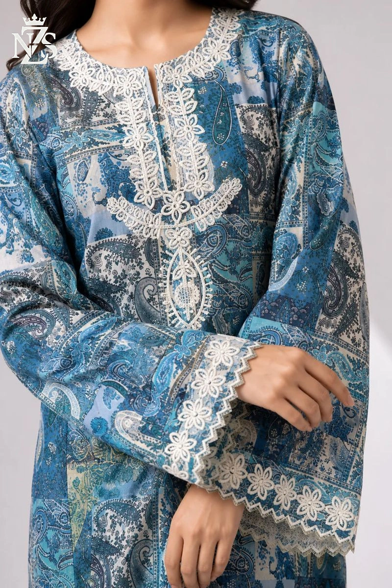 NZS LUXE Embroidered Cambric 3-Piece Stitched Suit in Blue and ivory - image 3