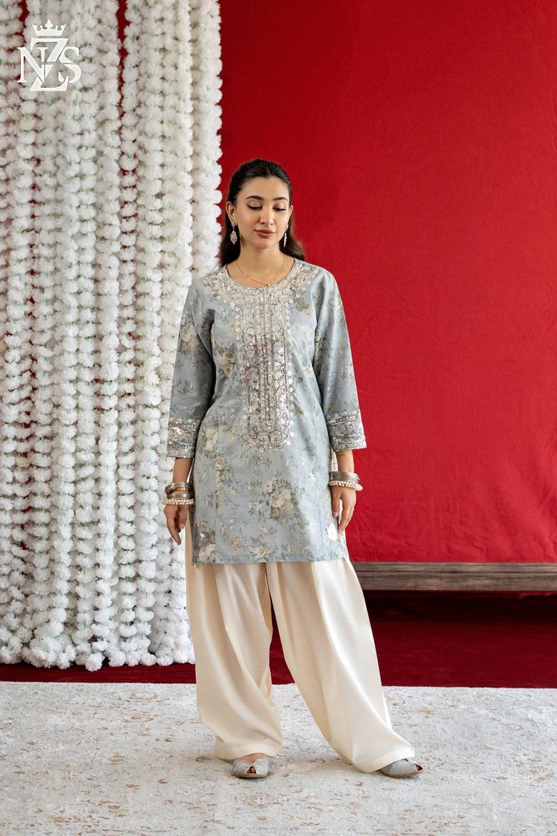NZS LUXE Printed Lawn Farshi Set 2-Piece Stitched Suit in Ice grey - image 1
