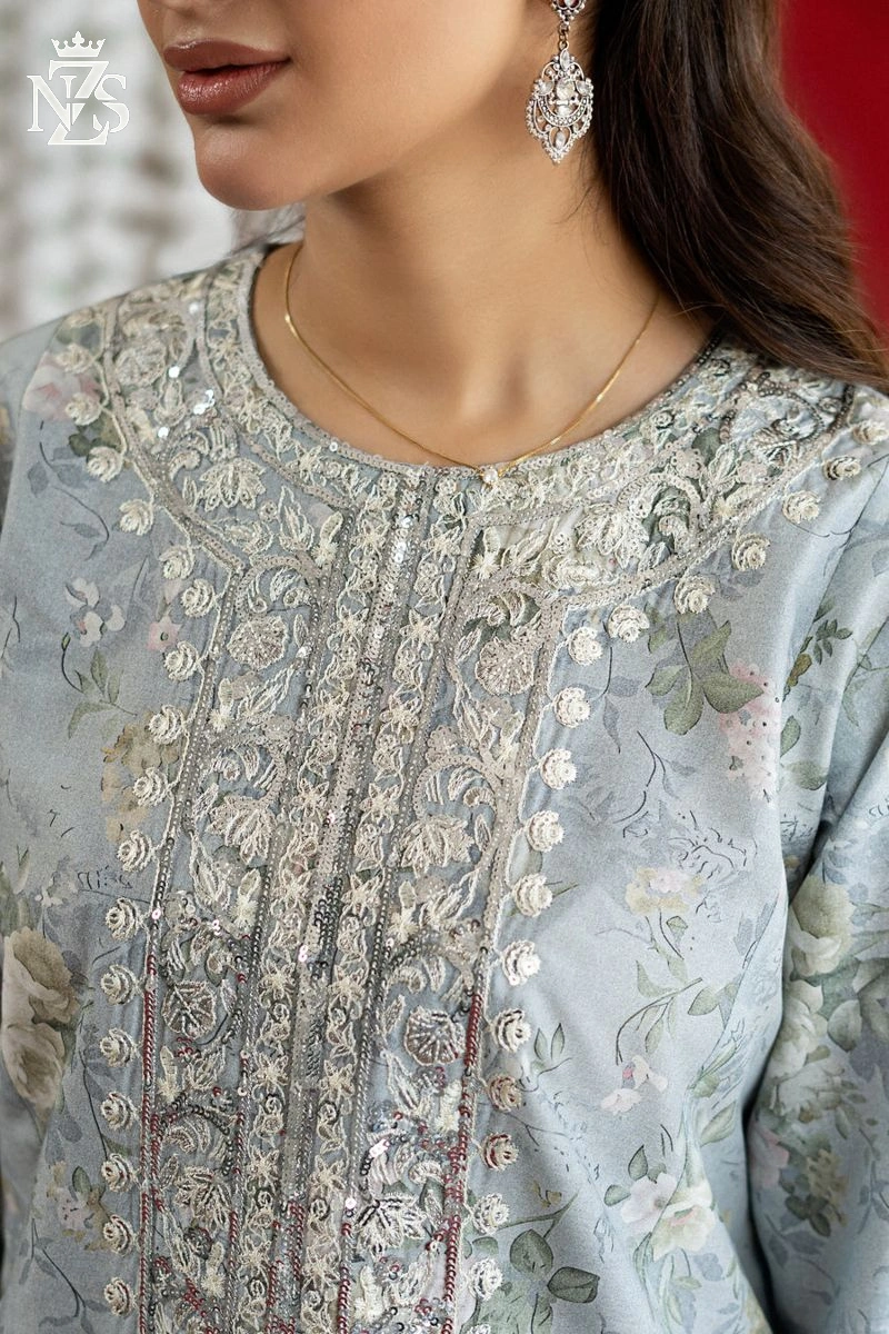 NZS LUXE Printed Lawn Farshi Set 2-Piece Stitched Suit in Ice grey - image 3