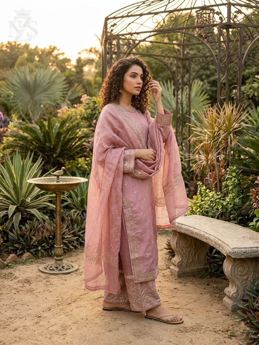NZS LUXE Embroidered Tussar Silk 3-Piece Stitched Suit in Pink - image 1