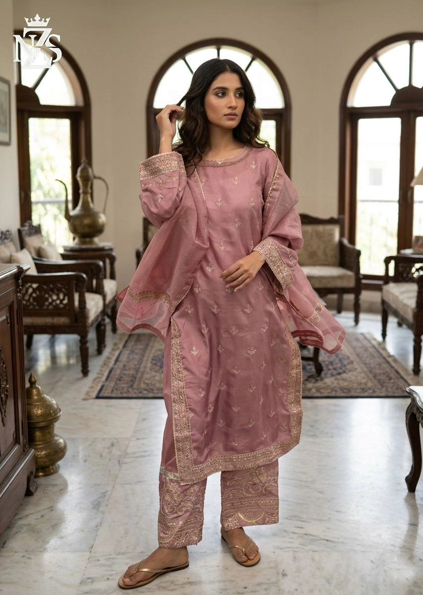 NZS LUXE Embroidered Tussar Silk 3-Piece Stitched Suit in Pink - image 2