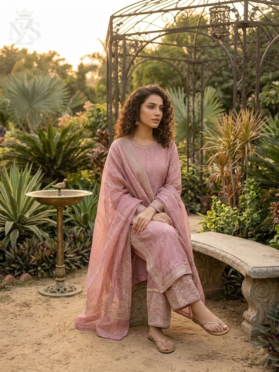 NZS LUXE Embroidered Tussar Silk 3-Piece Stitched Suit in Pink - image 3