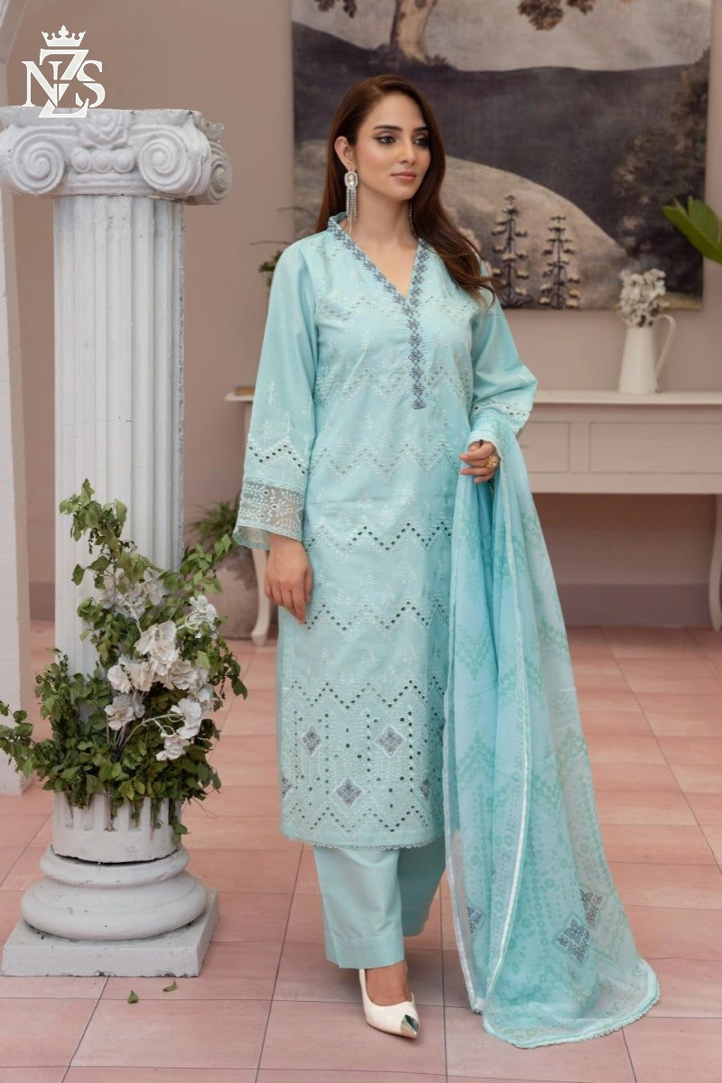 NZS LUXE Chikankari Lawn 3-Piece Stitched Suit in Aqua - image 1