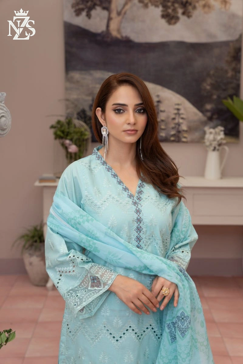 NZS LUXE Chikankari Lawn 3-Piece Stitched Suit in Aqua - image 2