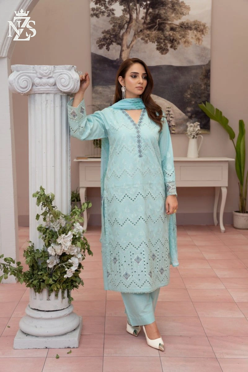 NZS LUXE Chikankari Lawn 3-Piece Stitched Suit in Aqua - image 3