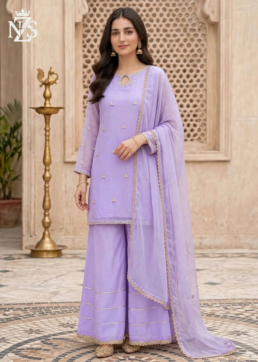 NZS LUXE Chiffon Gharara 3-Piece Stitched Suit in Lavender - image 1