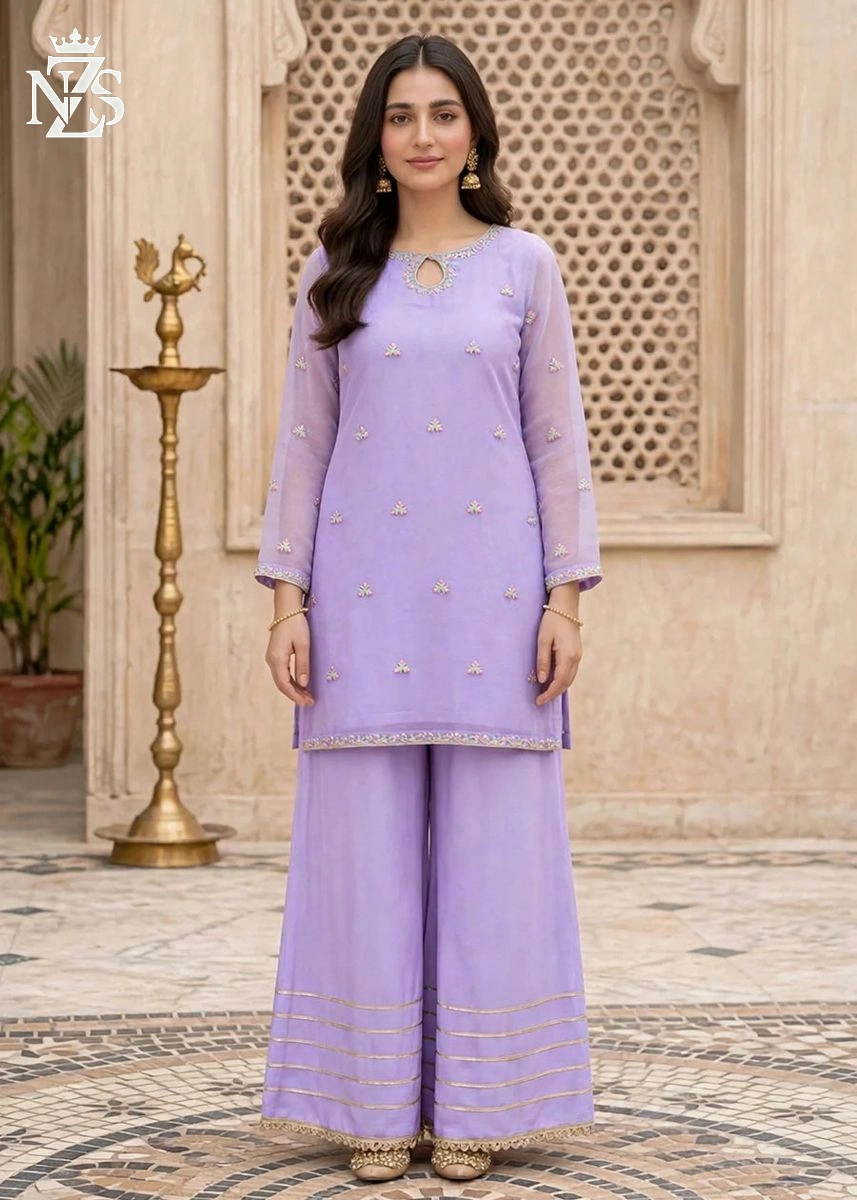 NZS LUXE Chiffon Gharara 3-Piece Stitched Suit in Lavender - image 2