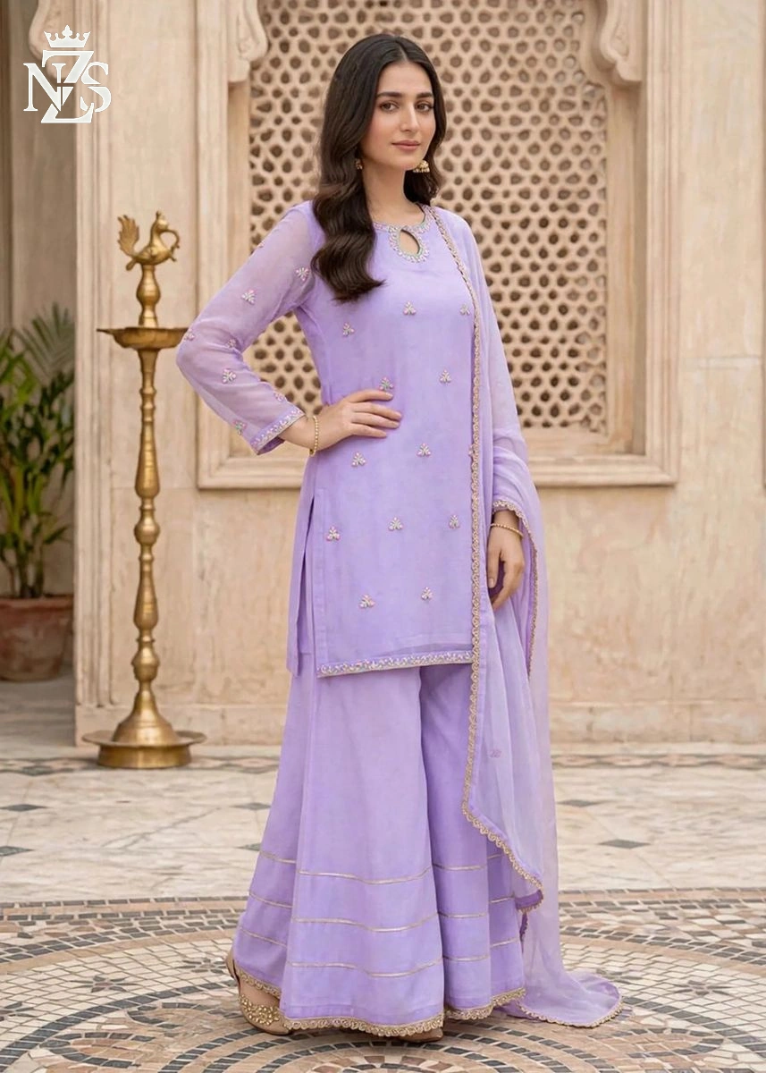 NZS LUXE Chiffon Gharara 3-Piece Stitched Suit in Lavender - image 3