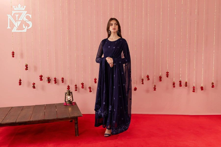 NZS LUXE Embroidered Chiffon Pishwas 4-Piece Stitched Suit in Navy - image 2
