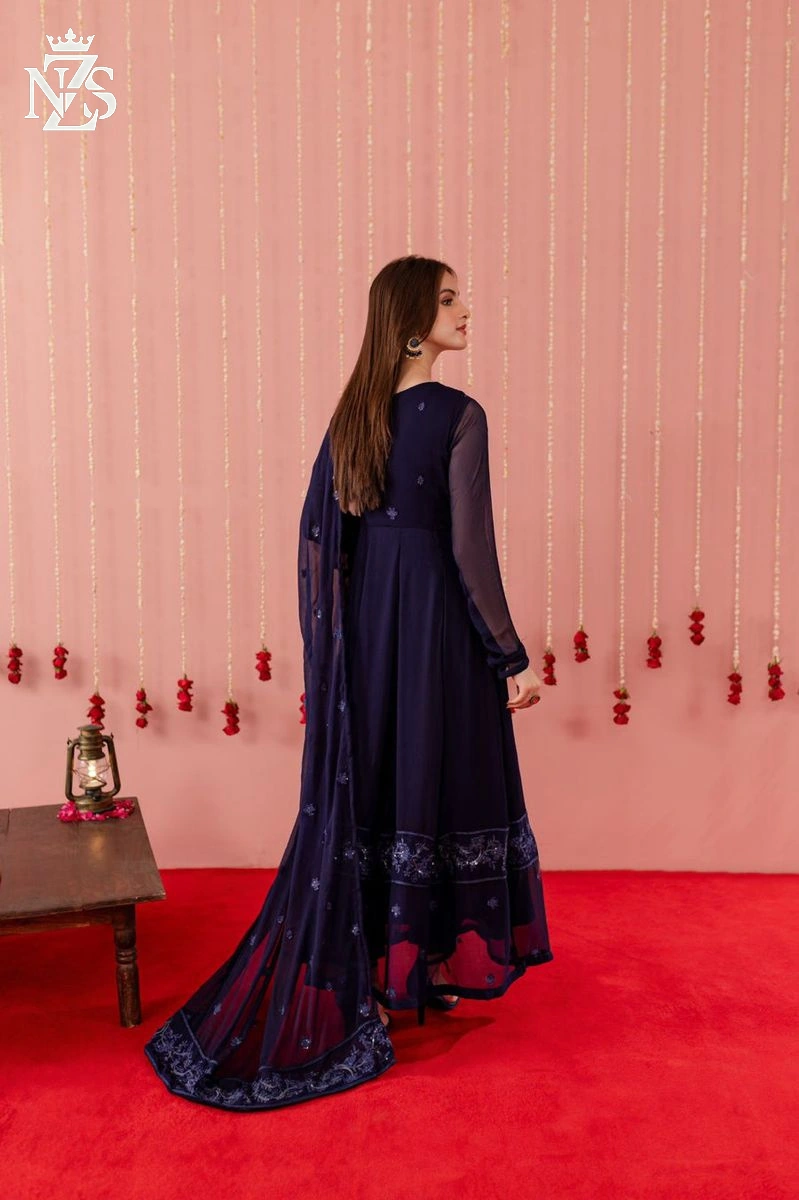 NZS LUXE Embroidered Chiffon Pishwas 4-Piece Stitched Suit in Navy - image 3