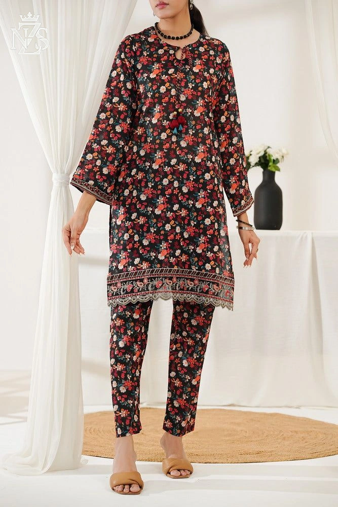 NZS LUXE Embroidered Lawn Co-ord 2-Piece Stitched Suit in Black floral - image 1