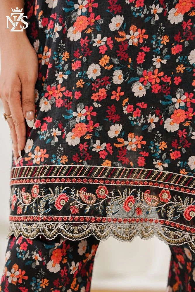 NZS LUXE Embroidered Lawn Co-ord 2-Piece Stitched Suit in Black floral - image 3