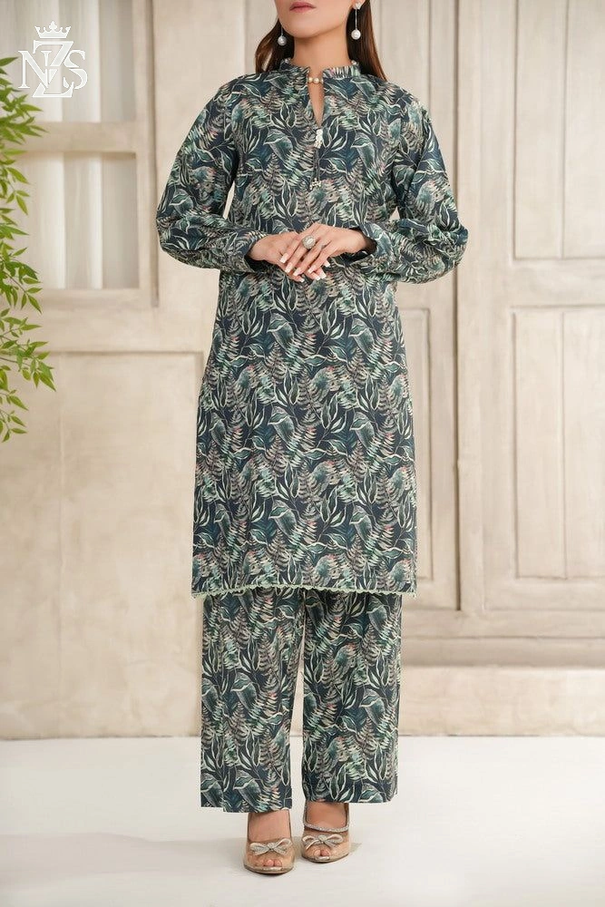 NZS LUXE Printed Lawn Co-ord 2-Piece Stitched Suit in Teal paisley - image 1