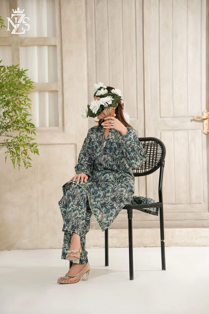 NZS LUXE Printed Lawn Co-ord 2-Piece Stitched Suit in Teal paisley - image 2