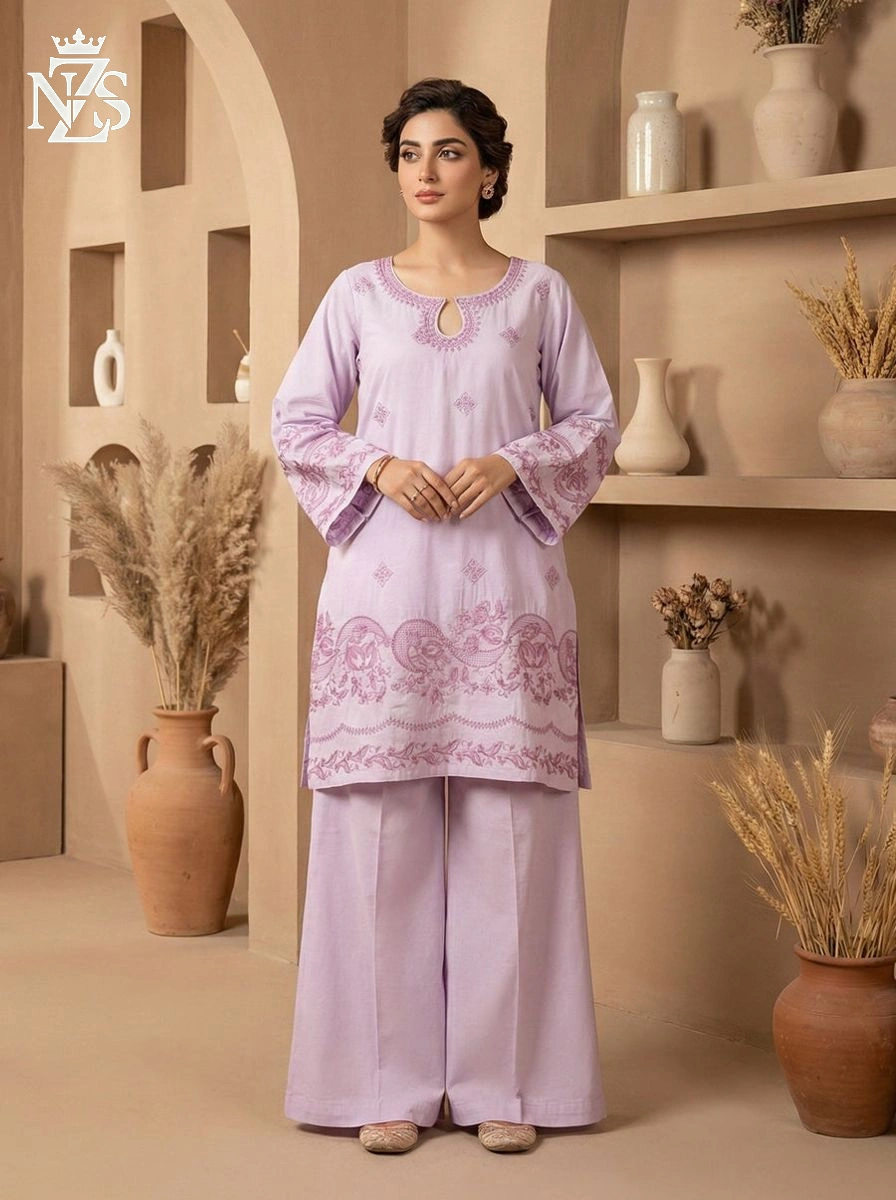 NZS LUXE Embroidered Cotton Co-ord 2-Piece Stitched Suit in Lilac - image 1