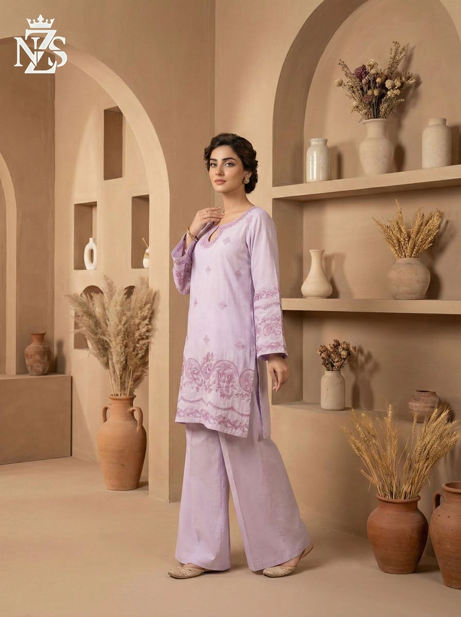NZS LUXE Embroidered Cotton Co-ord 2-Piece Stitched Suit in Lilac - image 2