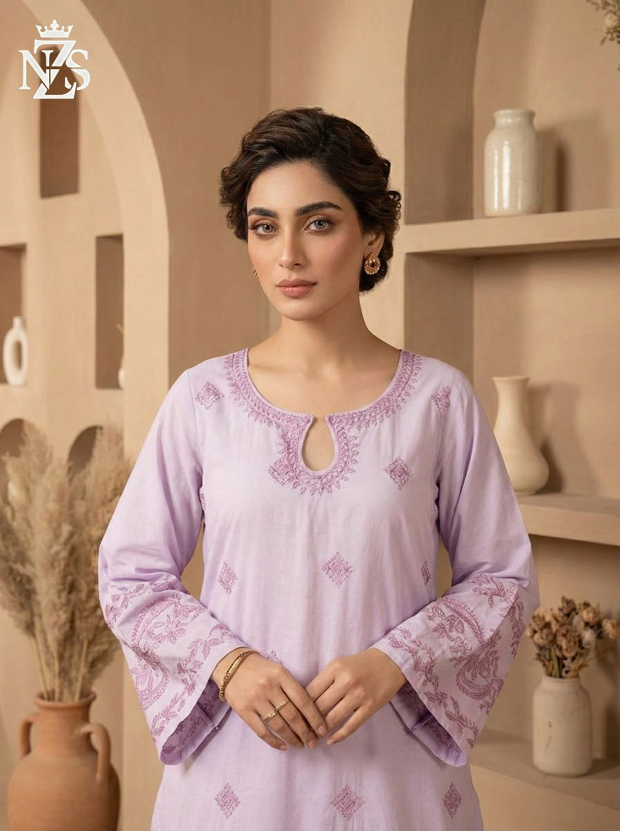 NZS LUXE Embroidered Cotton Co-ord 2-Piece Stitched Suit in Lilac - image 3