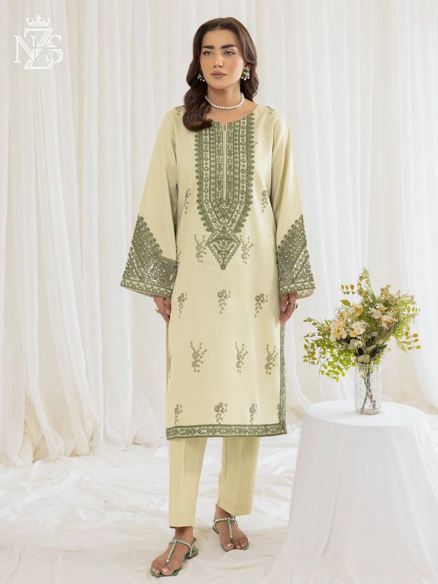 NZS LUXE Embroidered Cambric Co-ord 2-Piece Stitched Suit in Lemon cream - image 1
