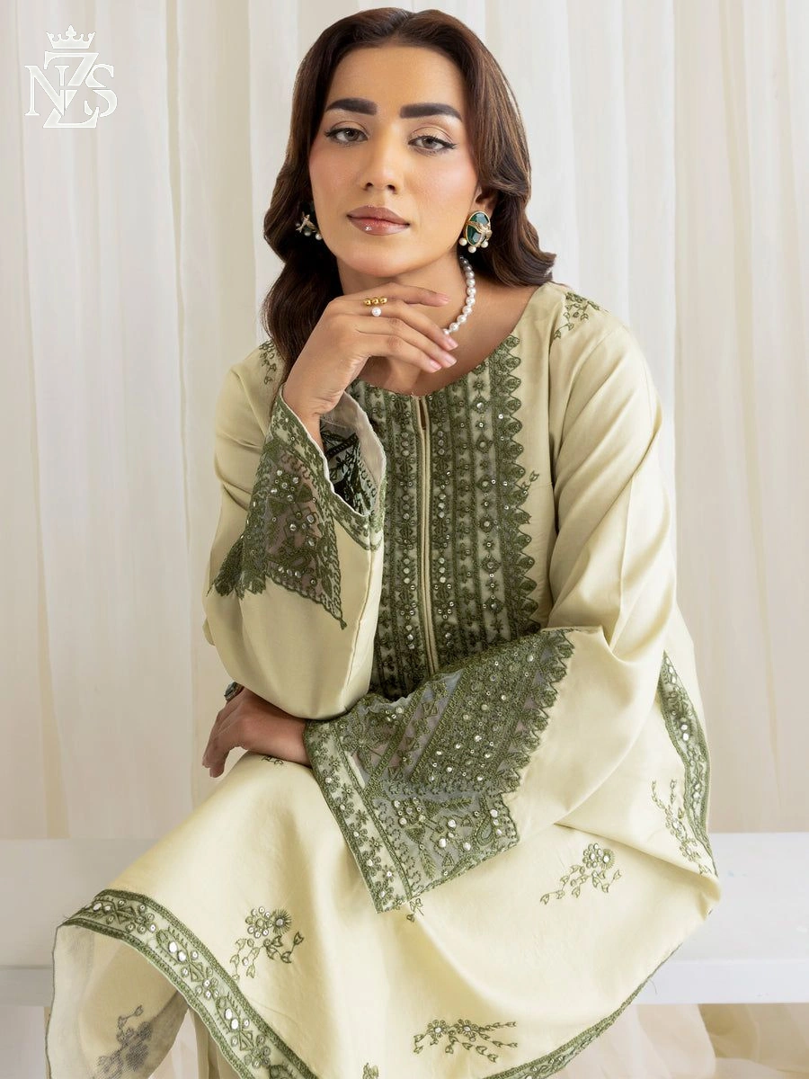 NZS LUXE Embroidered Cambric Co-ord 2-Piece Stitched Suit in Lemon cream - image 2