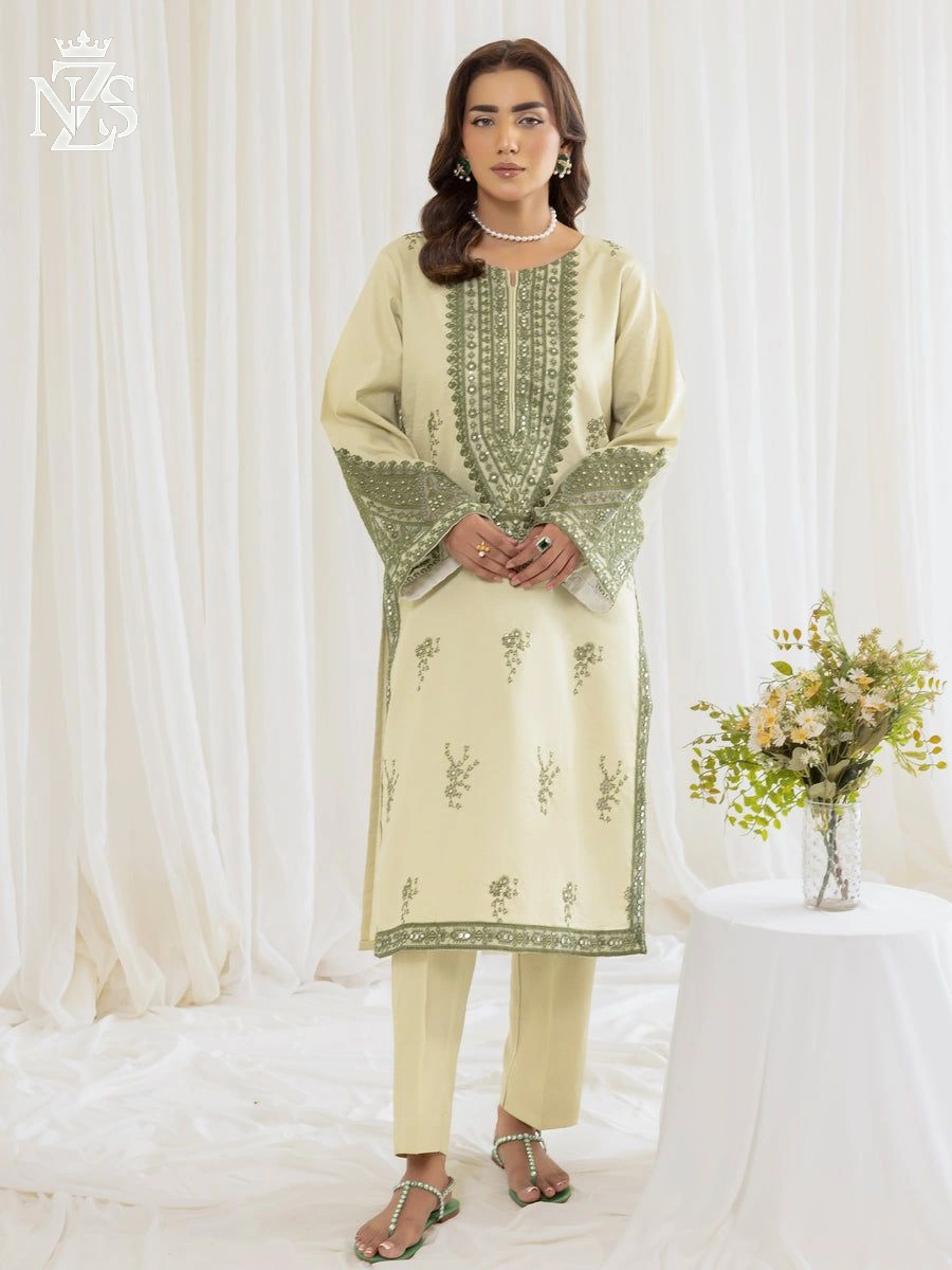 NZS LUXE Embroidered Cambric Co-ord 2-Piece Stitched Suit in Lemon cream - image 3