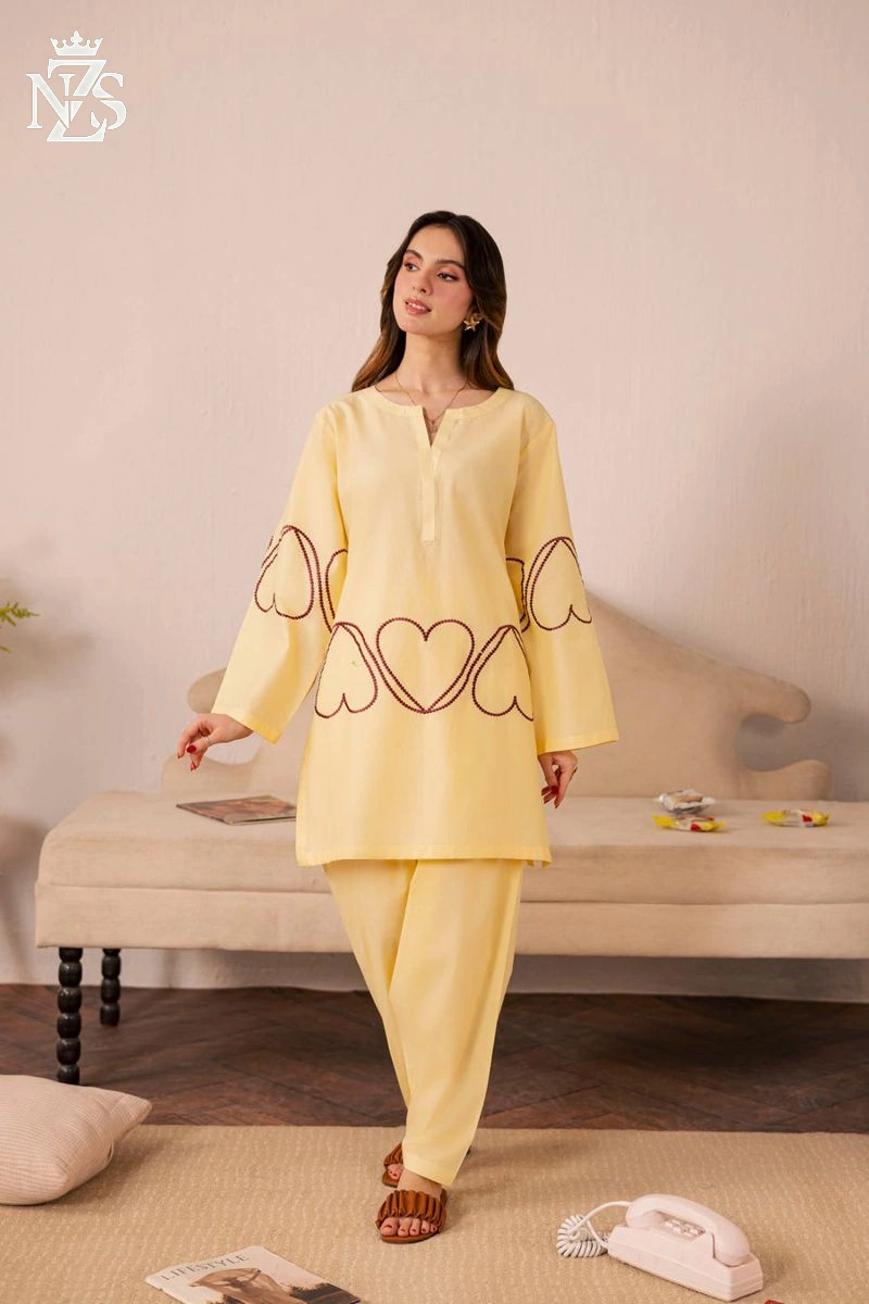 NZS LUXE Heart-embroidered Lawn Co-ord 2-Piece Stitched Suit in Butter yellow - image 1