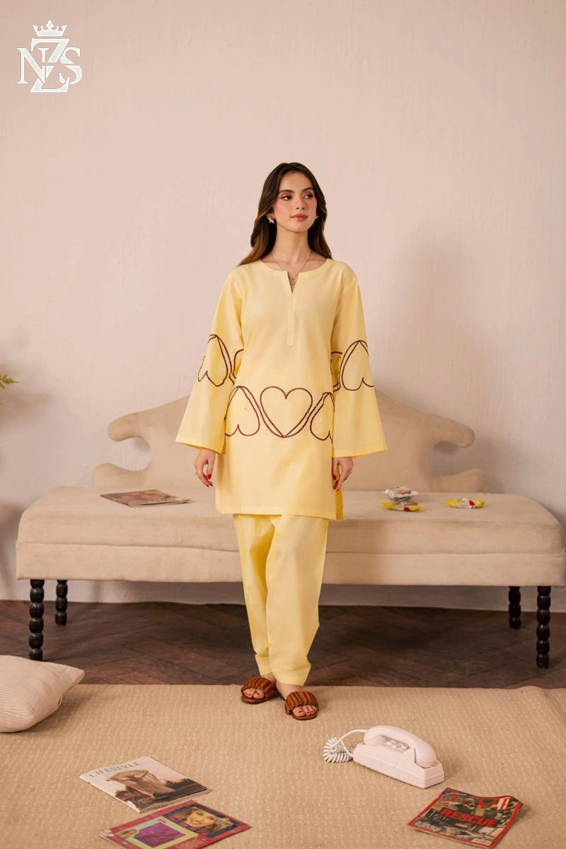 NZS LUXE Heart-embroidered Lawn Co-ord 2-Piece Stitched Suit in Butter yellow - image 2