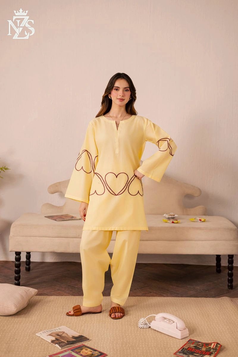NZS LUXE Heart-embroidered Lawn Co-ord 2-Piece Stitched Suit in Butter yellow - image 3