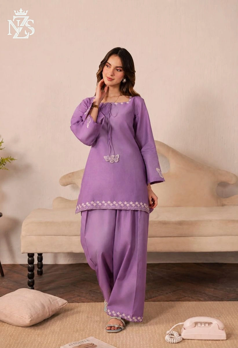 NZS LUXE Embroidered Lawn Farshi Set 2-Piece Stitched Suit in Purple - image 1