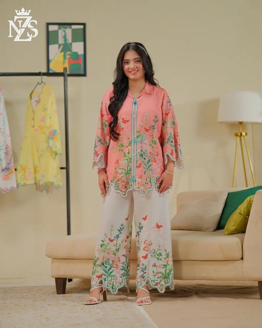 NZS LUXE Cutwork Cambric Co-ord 2-Piece Stitched Suit in Peach - image 1