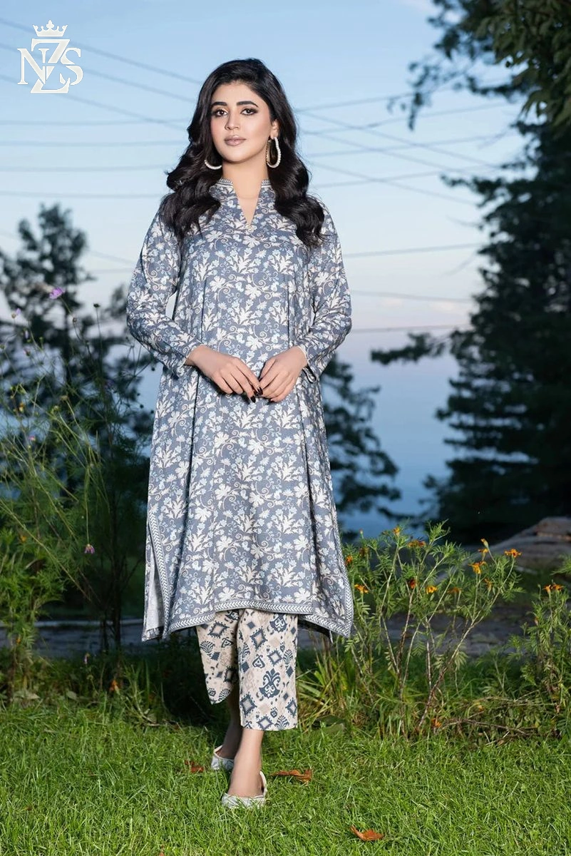 NZS LUXE Linen Co-ord 2-Piece Stitched Suit in Muted blue print - image 1