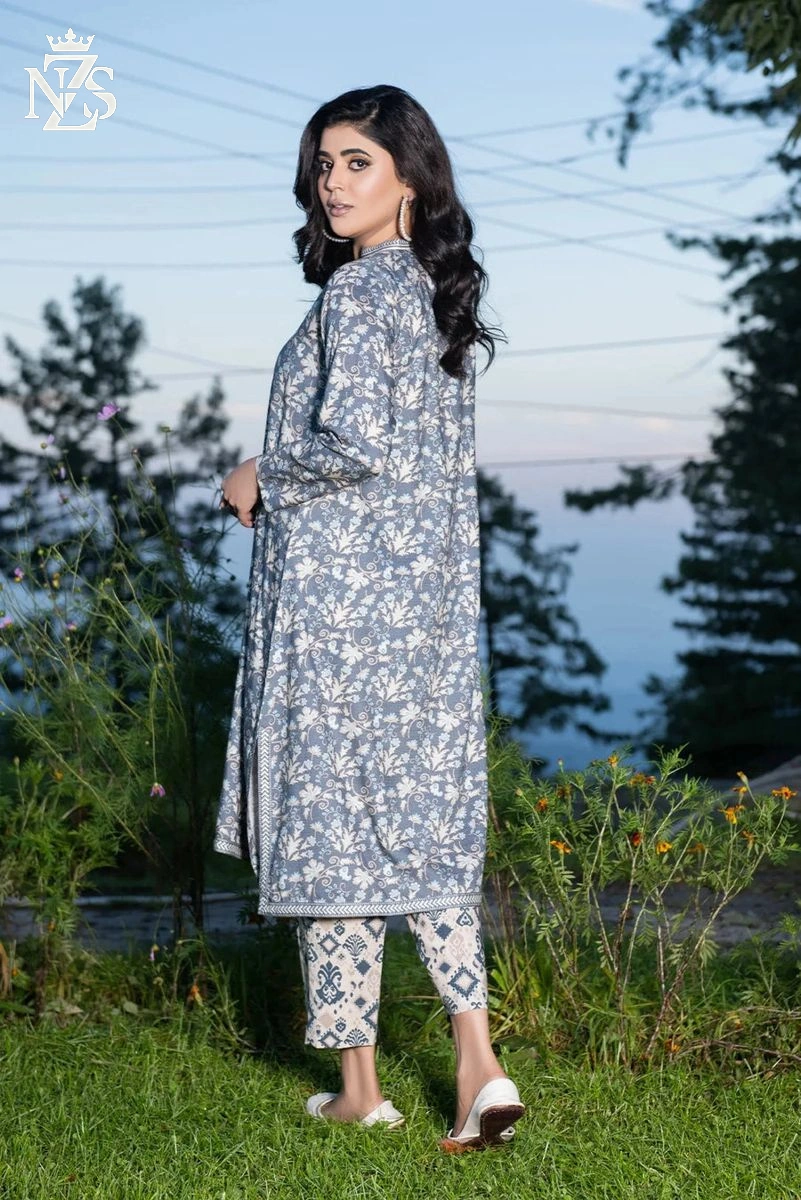 NZS LUXE Linen Co-ord 2-Piece Stitched Suit in Muted blue print - image 2